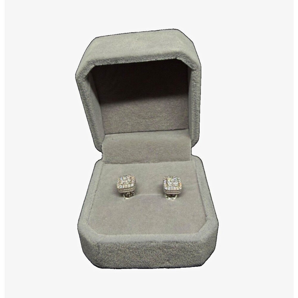 Silver Tone Square Pavé Stud Earrings Screw Back White/Colorless Stones